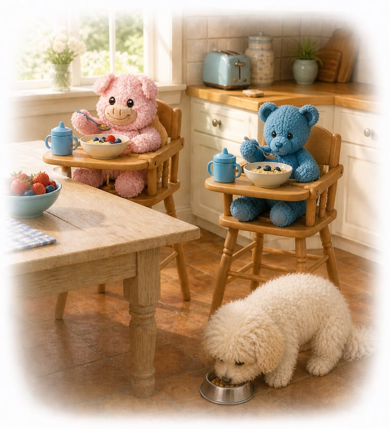 Three stuffed teddy bears and a white puppy sitting at a wooden dining table with bowls of cereal in a cozy kitchen