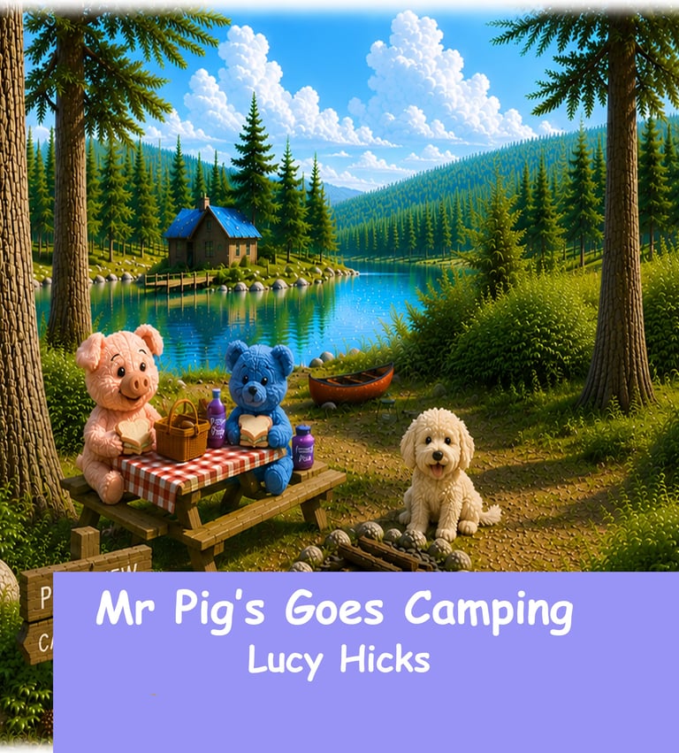 Stuffed animals having a picnic by a mountain lake surrounded by tall pine trees and a small cabin in the distance