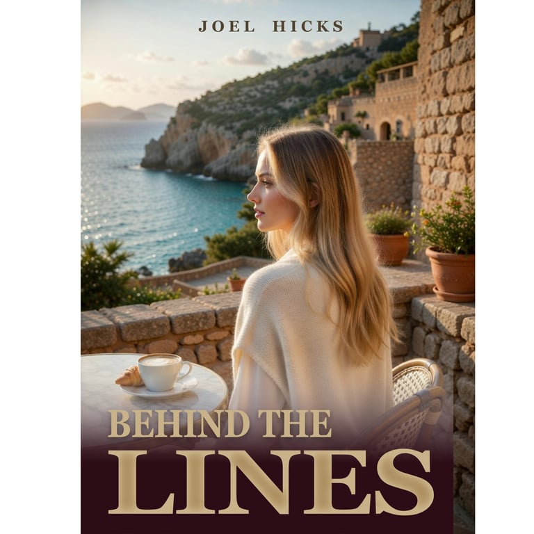 Book cover for Behind the Lines by Joel Hicks showing a woman with long hair overlooking a Mediterranean coastal town and blue water