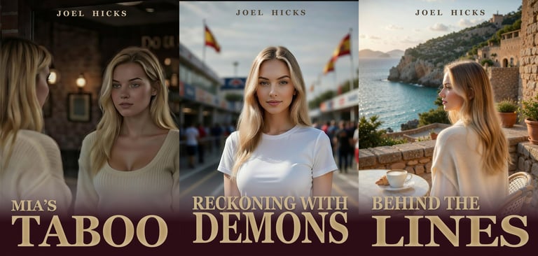 Three book covers by Joel Hicks featuring a blonde woman in different settings: indoor, urban street, and coastal. Titles are Mias Taboo, Reckoning with Demons, and Behind the Lines.