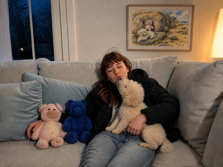 Woman sitting on gray couch holding stuffed animals with pink and blue plush toys beside her