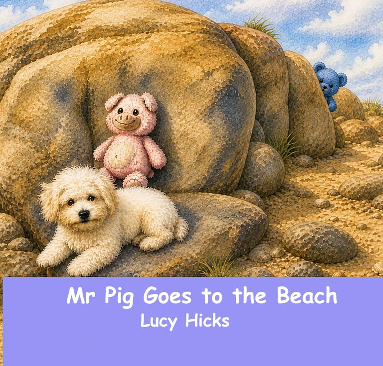A cream-colored dog and pink teddy bear rest against large boulders on a sandy beach under a blue sky