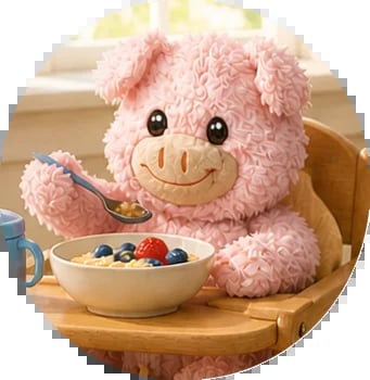 Pink fluffy pig plush toy sitting with a bowl of cereal and berries on a wooden surface
